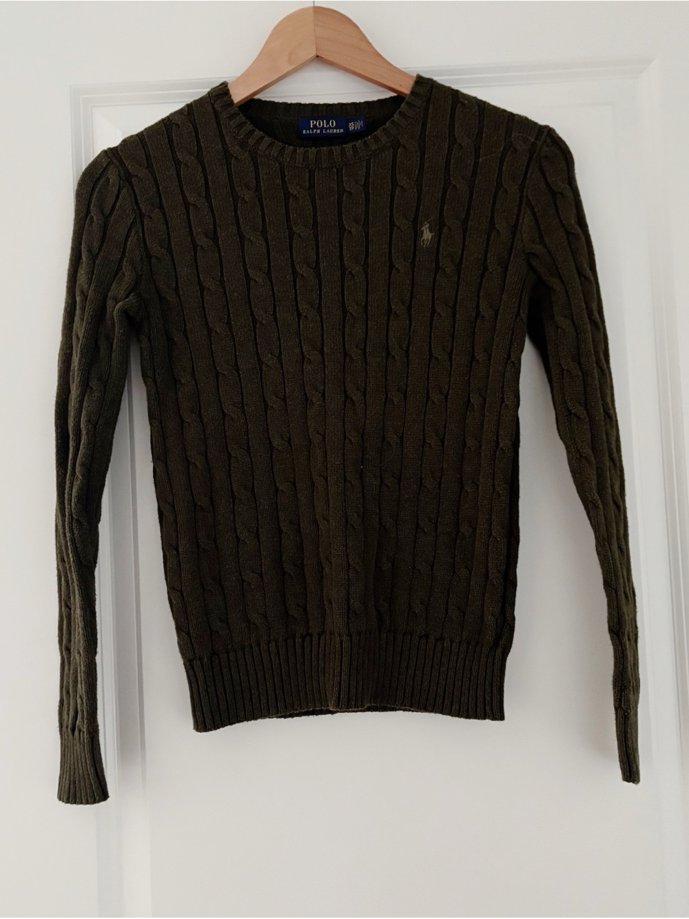 Polo Ralph Lauren Cotton Crewneck Cable Knit Sweater Olive Green Classic XS